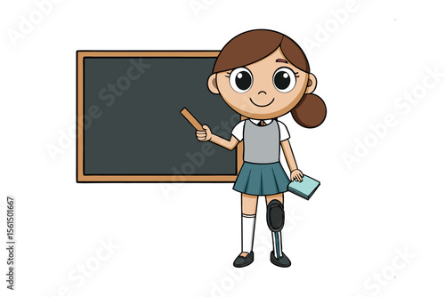 Smiling schoolgirl stands in front of blank chalkboard, full body isolated 