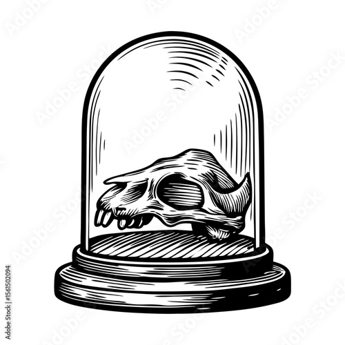 Fossil skull in glass dome display case.  Detailed hand-drawn engraving of ancient animal skull preserved under glass.