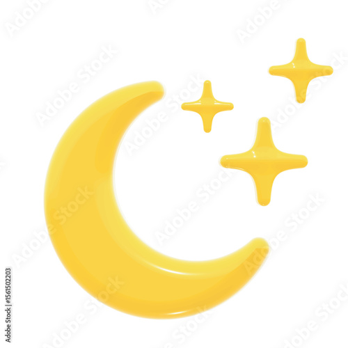 This vector icon shows a shiny yellow crescent moon surrounded by three glossy star sparkles. The soft 3D cartoon style makes it perfect for weather apps, night-time illustrations or nursery designs.