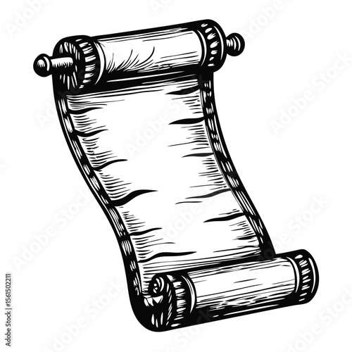 Old manuscript scroll with blank parchment paper and wooden rollers. Antique scroll design with detailed edges and texture, ideal for creating vintage invitations or certificates.