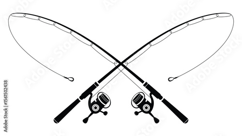Two crossed fishing rods with reels and lines on white background