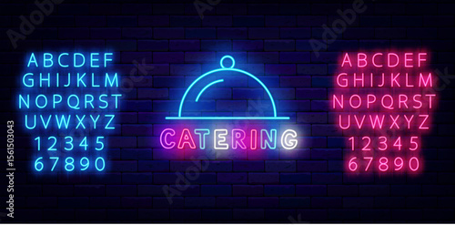 Catering service neon label with dish icon. Banquet party. Food delivery for event. Vector stock illustration