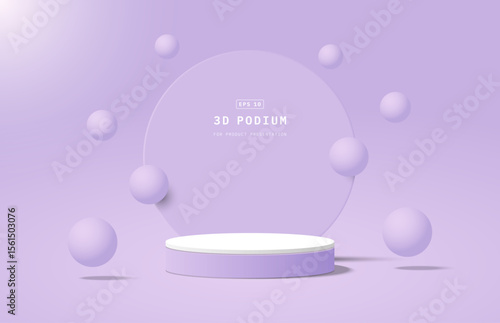 Abstract white purple 3D cylinder podium pedestal with circle shape and sphere balls floating or bouncing up and down on the air. Round 3D stage scene for showcase. 3d vector geometric platform design