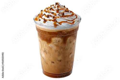 Delicious caramel frappuccino with whipped cream and chocolate shavings isolated on transparent background