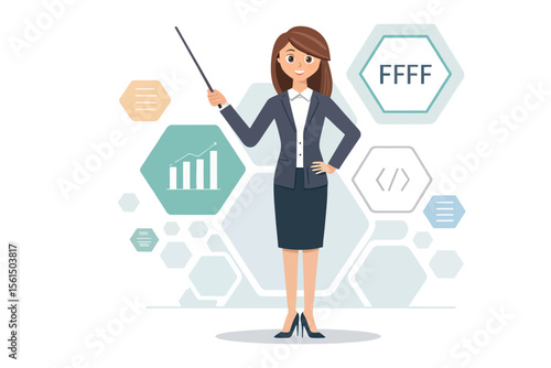 Business Presentation: A professional businesswoman in a tailored suit, confidently presenting with a pointer amidst a backdrop of data-driven graphics. The scene symbolizes clarity, authority.