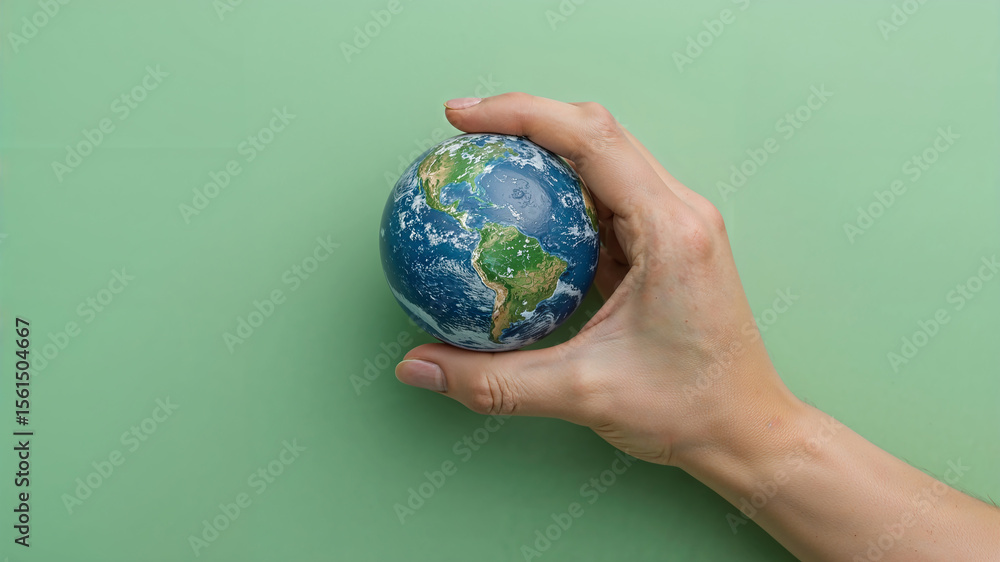 Hand holding small globe on green background, environmental conservation concept Hand holding small globe on green background, environmental conservation concept