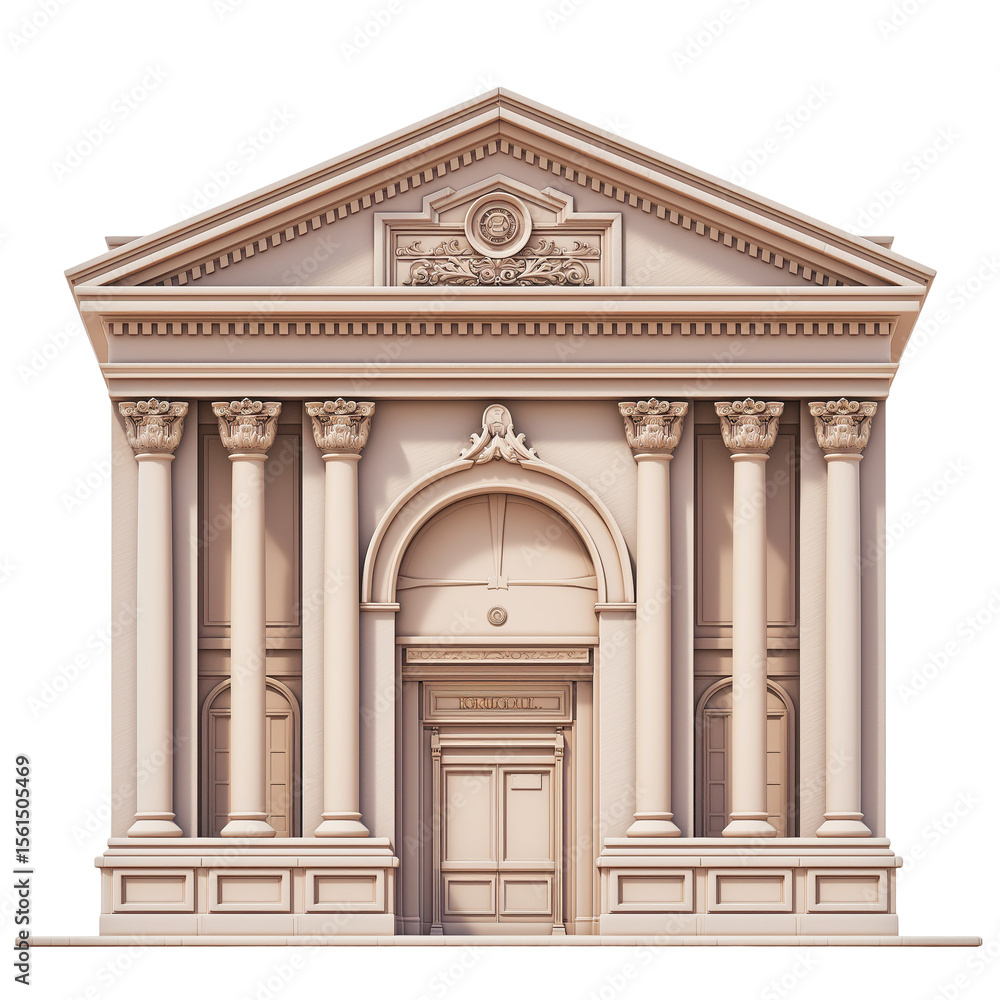 Fototapeta premium Cute 3D clay illustration of a bank building facade, plasticine style icon for banking, finance, and institutional concepts, isolated element representing stability and wealth.