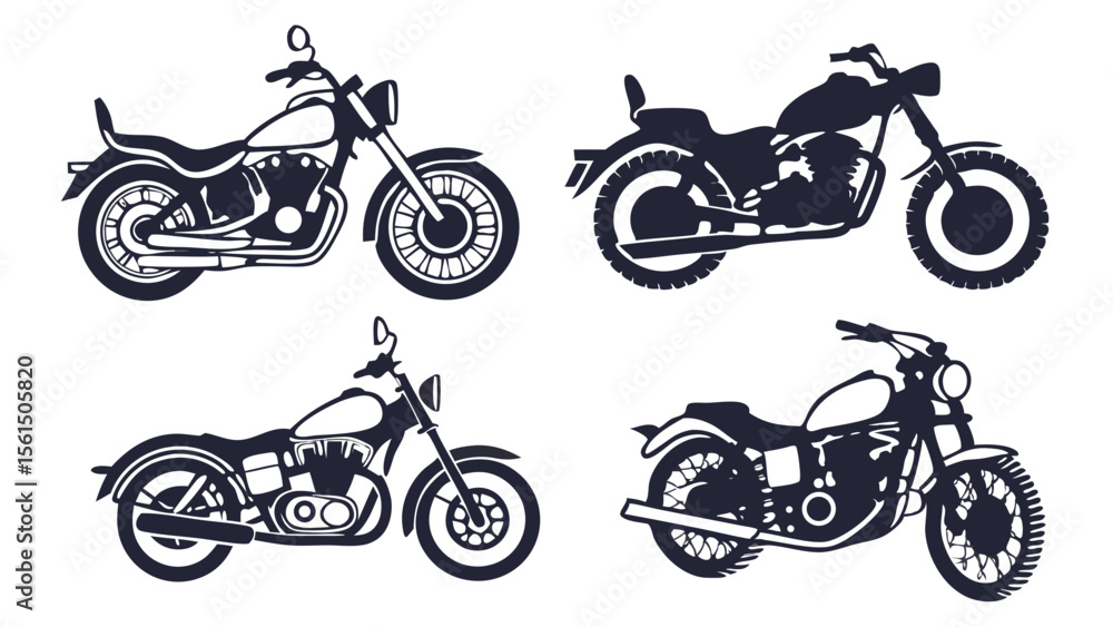 Obraz premium Collection of Motorbike Icon Silhouettes Isolated on White Background – Motorcycle Symbol Vector Set for Transport, Racing, and Automotive Design