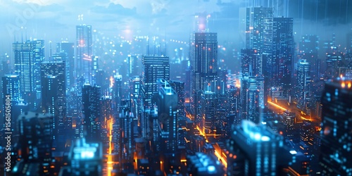 Wallpaper Mural A futuristic cityscape glows with illuminated buildings and digital network connections Torontodigital.ca