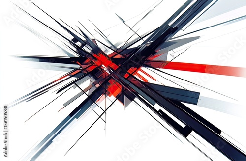 Abstract geometric design with intersecting lines and shapes in red, black, and gray on a white background