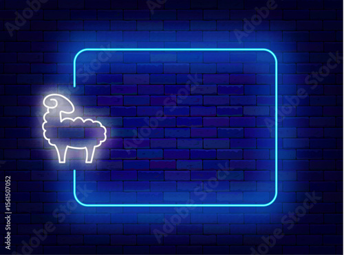 Sheep meat neon flyer. Butcher flyer. Empty white frame with lamb. Ramadan animal. Vector stock illustration