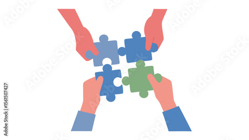 Four hands holding puzzle pieces together to form a complete square on a white background