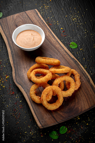 Golden fried onion rings or calamari served as a crispy appetizer on a dark background. Classic comfort snack.