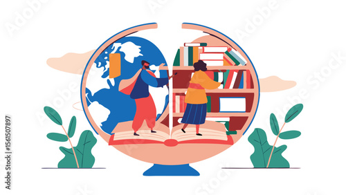 Illustration of a globe and bookshelf with people standing on an open book in a circular frame design