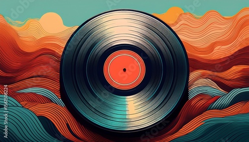 Minimalistic vinyl record with stylized waves, retro aesthetic