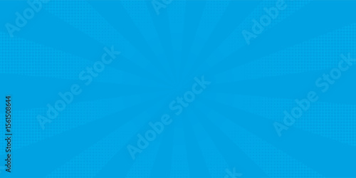 Comic background. Pop art texture. Starburst cartoon style. Anime design with explosion effect for print. Fun dot pattern. Blue backdrop with halftone gradient.