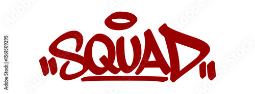Red graffiti tag "Squad" in tight urban drip style with transparent background. Slang for crew, group of friends, or chosen family.