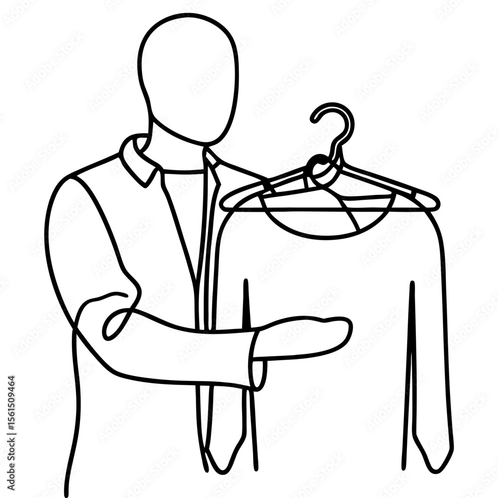 Obraz premium Person holding clothes hanger with shirt and sweater. Line art illustration of a person presenting clothing on a wooden hanger. Simple line drawing perfect for fashion blog, online store.