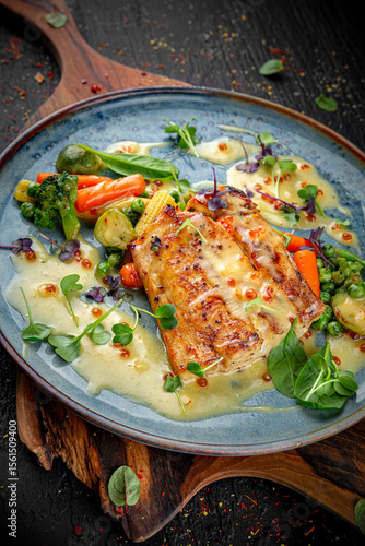 Baked salmon fillet served with a mix of vegetables on a dark background. Healthy gourmet dish.