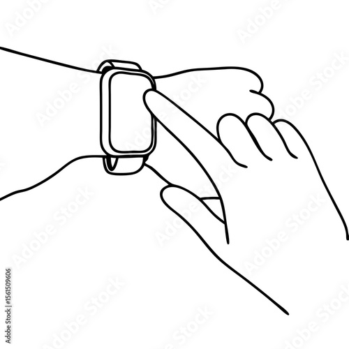 Person tapping smartwatch screen. Hand interacts with smart device technology.  Line art illustration of wristwatch interface.