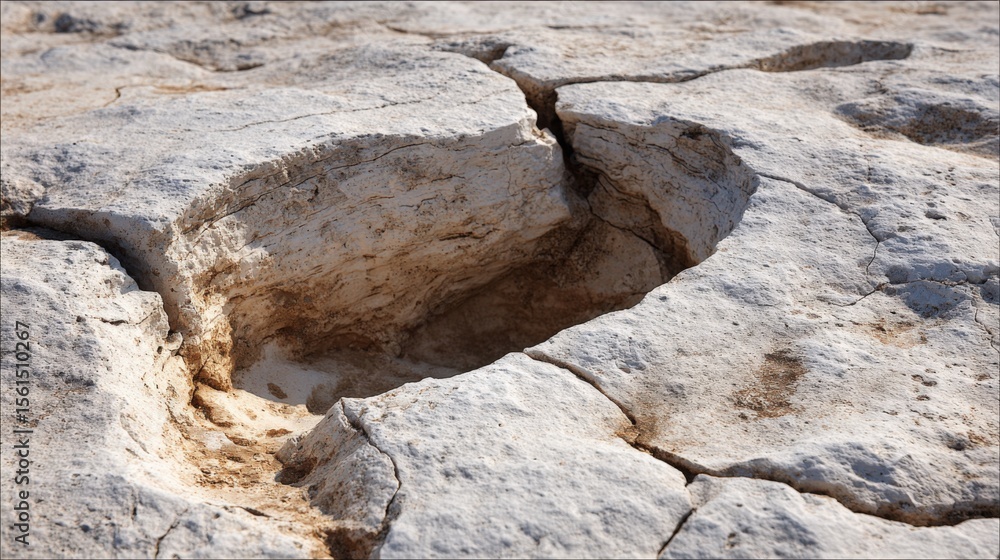 Obraz premium Close-up of earth crack with hole in dry rocky terrain showing detailed surface textures.