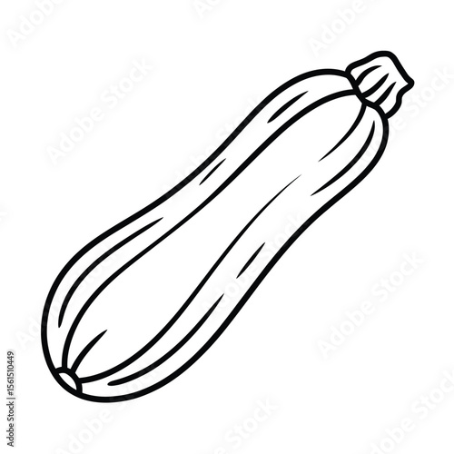 Simple black and white line drawing of a zucchini on a white background