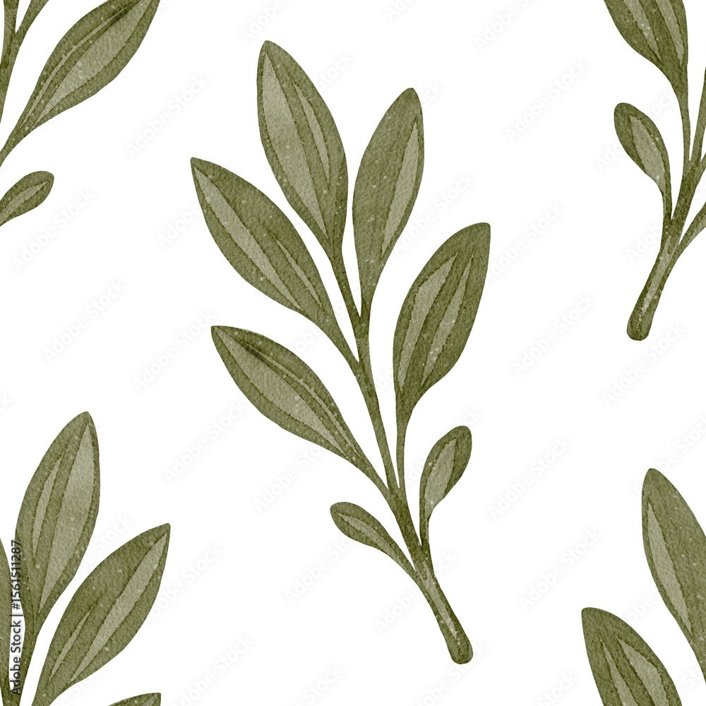 Naklejka premium Seamless pattern with green leafy branches hand-painted in watercolor style. Repeated botanical elements on white background. Perfect for fabric, packaging, and eco design projects.