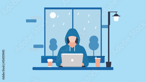 Person in a blue hoodie working on a laptop in front of a window on a rainy day with trees nearby