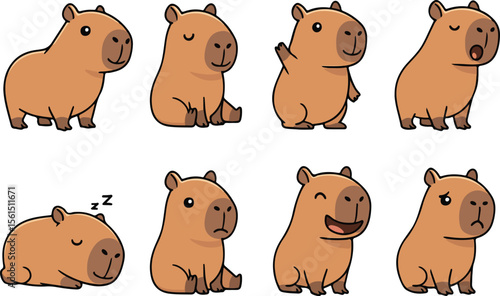 vector illustration of capybara funny cute cartoon mascot character cartoon with 8 poses 
