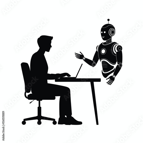 Human and robot collaborating on a laptop at a desk