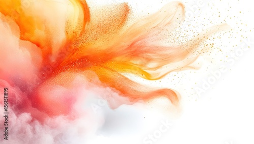 Abstract, vibrant explosion of orange and pink hues, with wispy streaks and speckles, against a white background