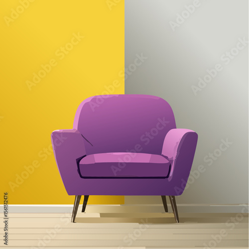 Minimalist high-contrast image of a bright colored chair against a vibrant colored wall