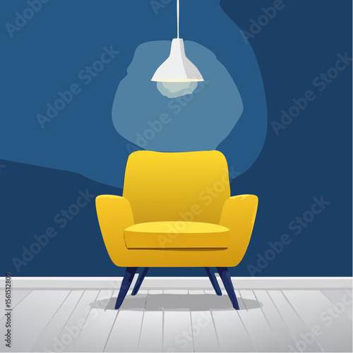 Minimalist high-contrast image of a bright colored chair against a vibrant colored wall