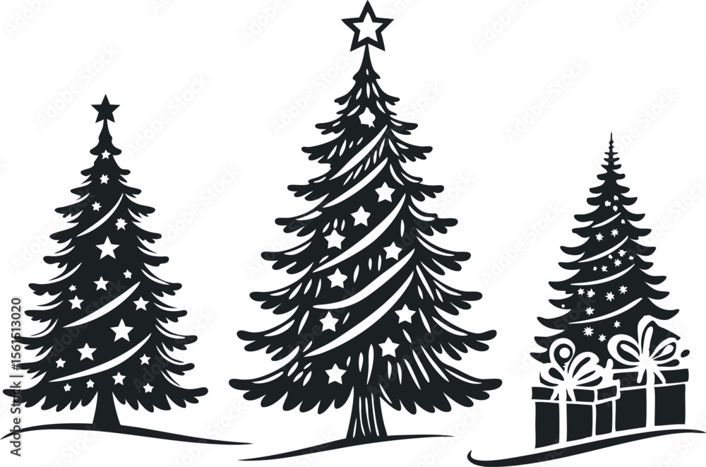 Fototapeta premium A festive set of vector silhouette illustrations featuring Christmas trees, ideal for holiday and winter designs. These elegant tree silhouettes capture the spirit of the season.