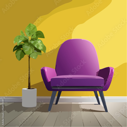 Minimalist high-contrast image of a bright colored chair against a vibrant colored wall