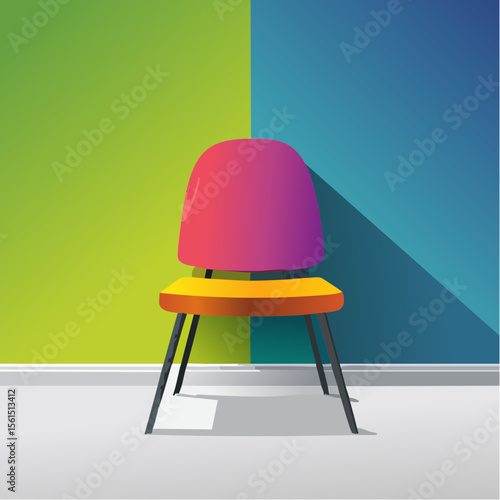 Minimalist high-contrast image of a bright colored chair against a vibrant colored wall