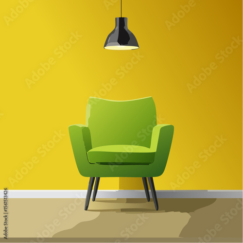 Minimalist high-contrast image of a bright colored chair against a vibrant colored wall