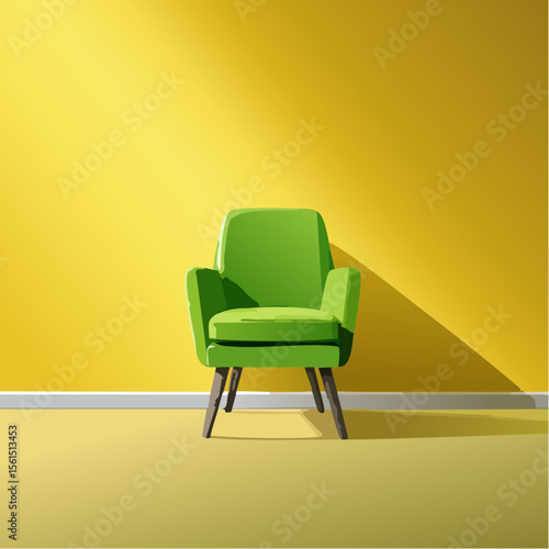Minimalist high-contrast image of a bright colored chair against a vibrant colored wall