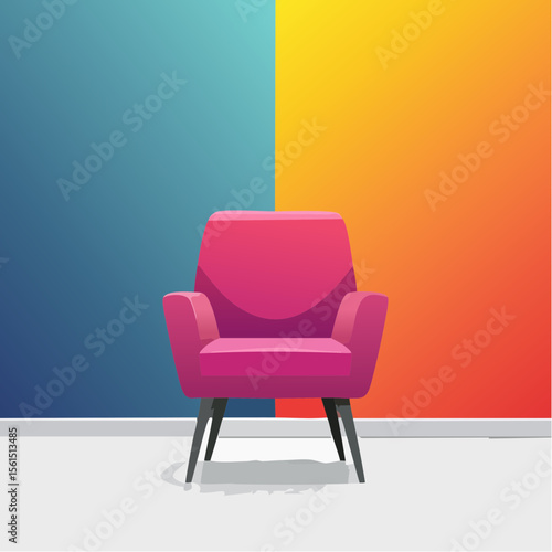 Minimalist high-contrast image of a bright colored chair against a vibrant colored wall