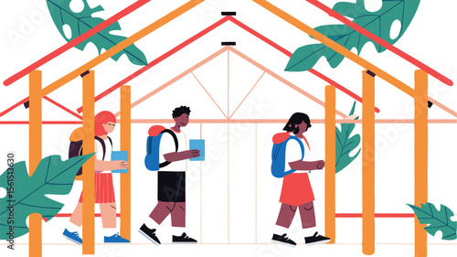Illustration of three students with backpacks walking under a wooden frame with tropical leaves around it