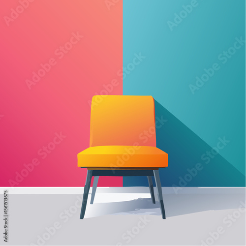 Minimalist high-contrast image of a bright colored chair against a vibrant colored wall