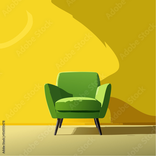 Minimalist high-contrast image of a bright colored chair against a vibrant colored wall