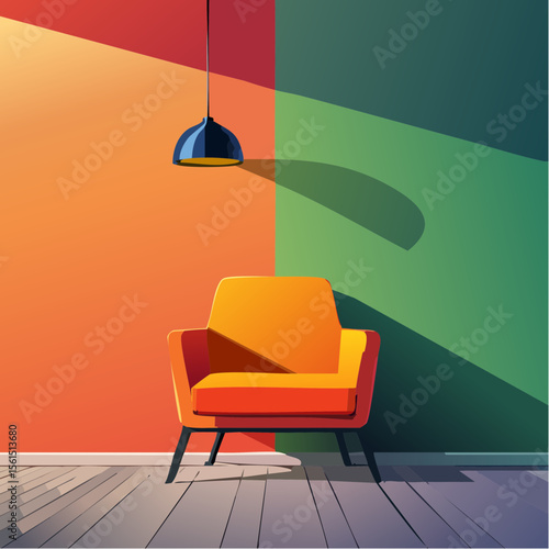 Minimalist high-contrast image of a bright colored chair against a vibrant colored wall
