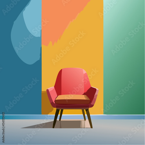 Minimalist high-contrast image of a bright colored chair against a vibrant colored wall