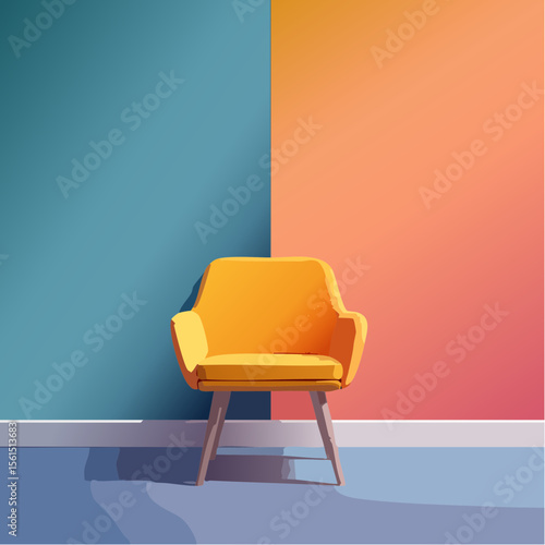 Minimalist high-contrast image of a bright colored chair against a vibrant colored wall