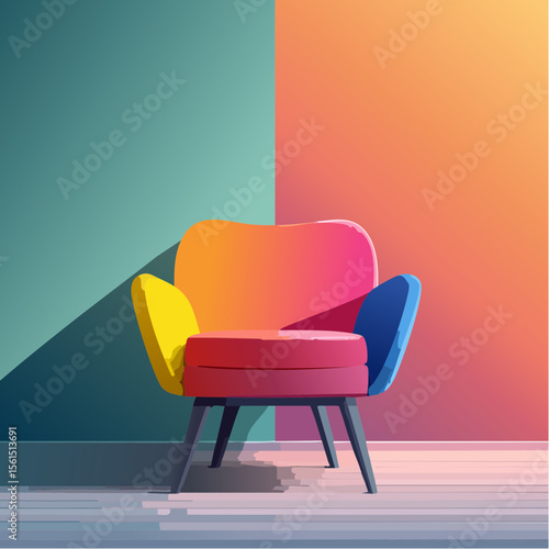 Minimalist high-contrast image of a bright colored chair against a vibrant colored wall