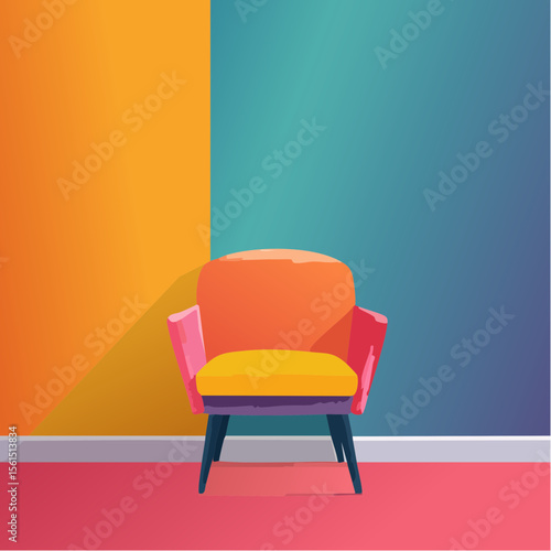 Minimalist high-contrast image of a bright colored chair against a vibrant colored wall