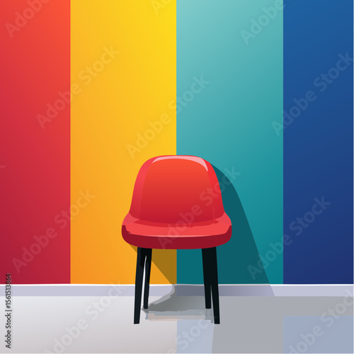 Minimalist high-contrast image of a bright colored chair against a vibrant colored wall