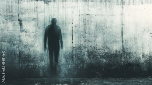 Moody Silhouette Figure Apparition Ghostly Walking Concrete Wall Background