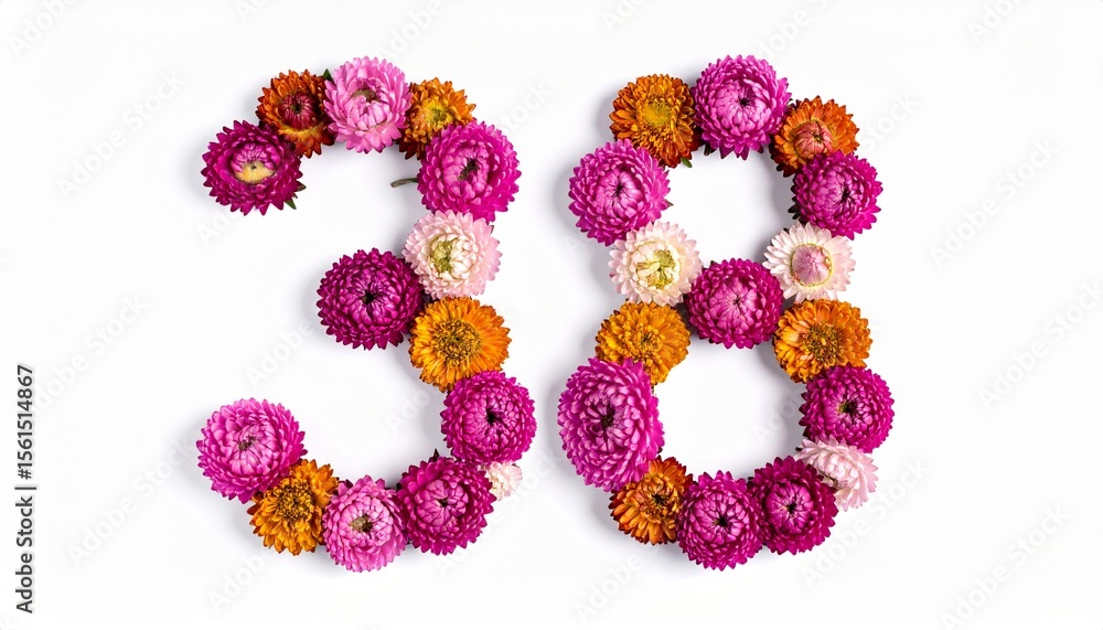 Number 38 made out of flowers with solid white background. Photo for 38th birthday or anniversary party Number 38 made out of flowers with solid white background. Photo for 38th birthday or anniversary party